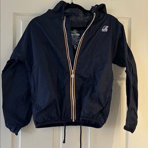 K-Way Ladies  Navy Hooded Packable Rain Jacket with Stripe Trim